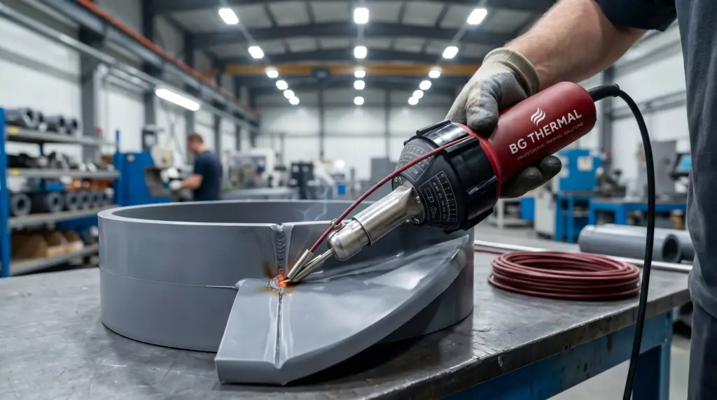 Technician performing heavy-duty PVC plastic tank fabrication using a straight-barrel hot air plastic welder.
