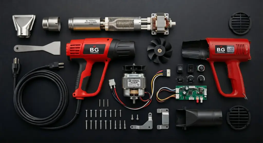 Disassembled view of BG Thermal industrial heat gun showing heavy-duty motor, heating element, and durable power cord.