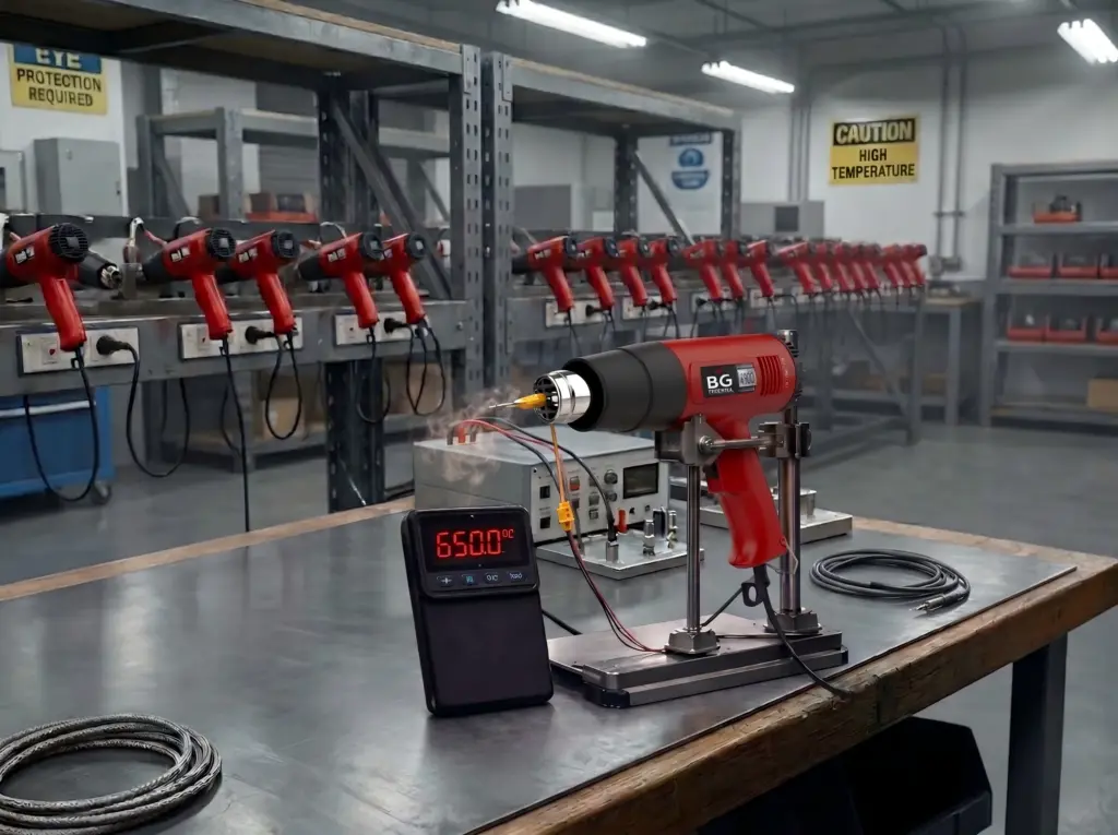 BG THERMAL industrial heat gun undergoing 650°C precision temperature testing, with rows of heat tools on lifecycle aging racks in a professional OEM manufacturing laboratory.