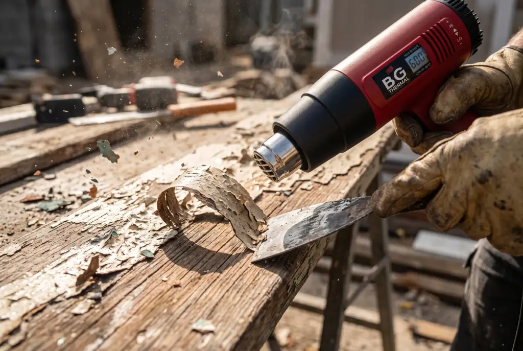 Contractor using a heavy-duty BG THERMAL heat gun and metal scraper to strip old paint from a weathered wooden surface