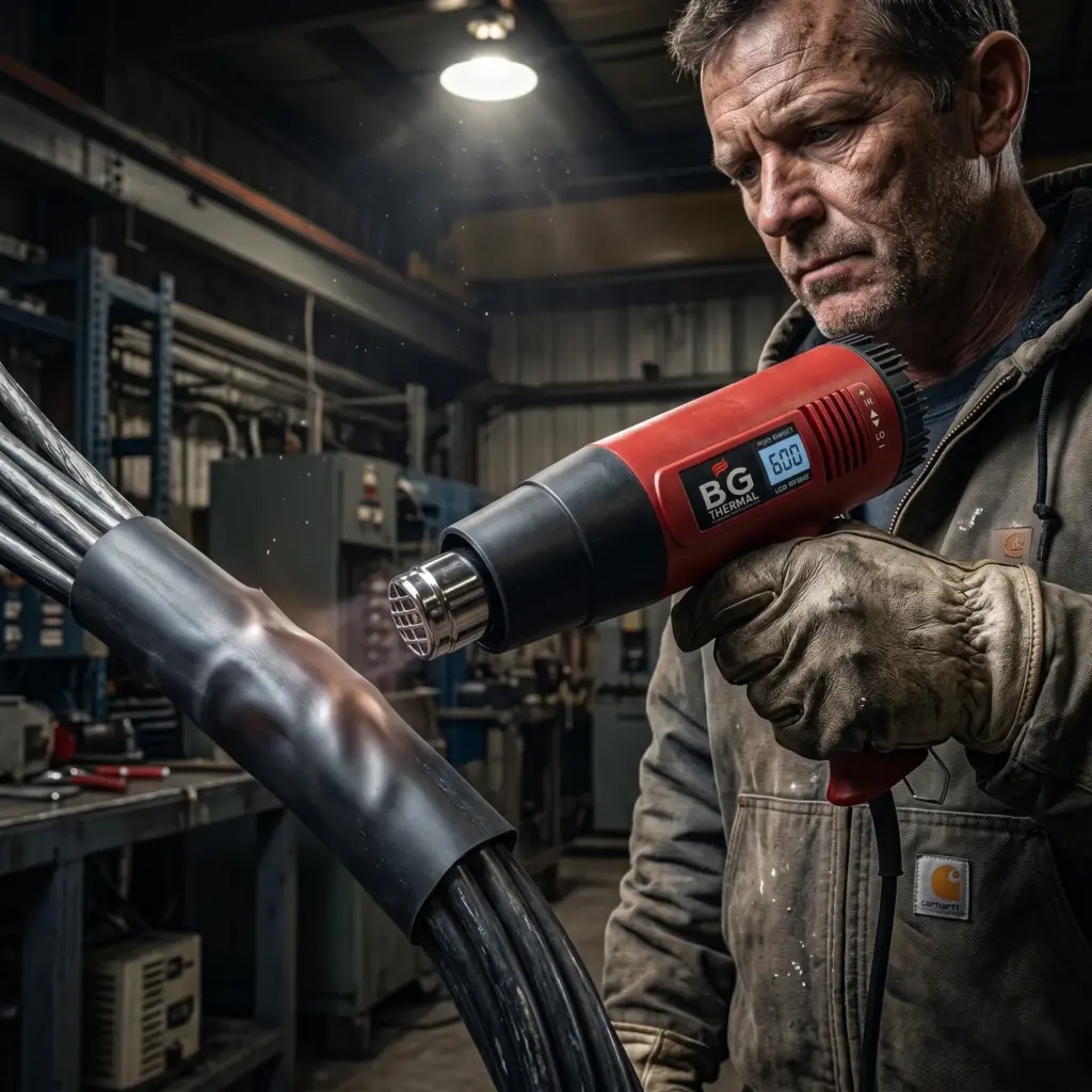 Construction worker using a BG THERMAL 1600 Pro industrial heat gun for heavy-duty heat shrink tubing in a workshop