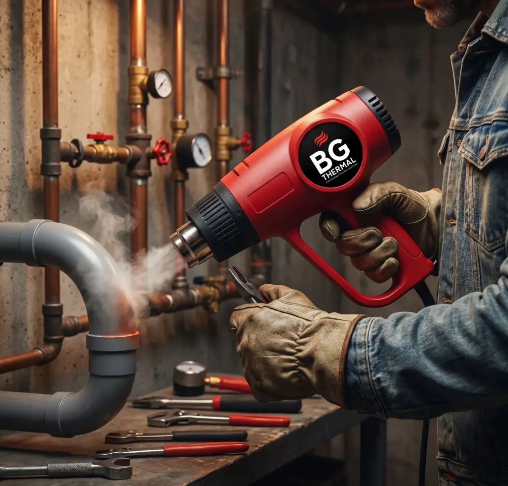 A rugged professional plumber using a heavy-duty BG THERMAL industrial heat gun to heat and bend a thick grey PVC pipe in a basement workshop.