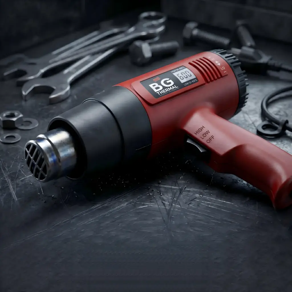 Close-up of a red BG Thermal commercial-grade heavy-duty heat gun resting on a dark steel workbench surrounded by industrial tools.