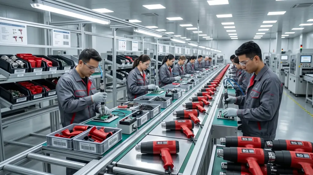 Professional workers meticulously assembling red and black BG THERMAL industrial heat guns on a clean, modern factory assembly line in China
