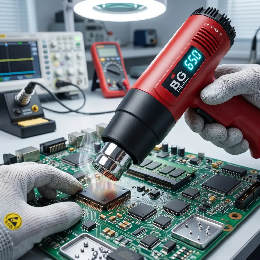 Electrical engineer wearing anti-static gloves using a BG THERMAL digital heat gun to precisely desolder microchips from a complex PCB motherboard
