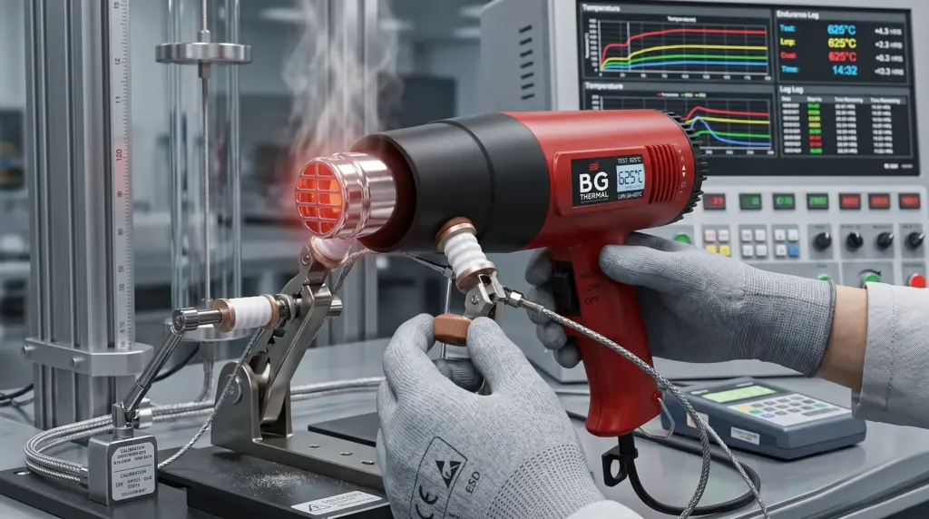 BG THERMAL engineer in anti-static gloves conducting high-temperature endurance testing on an industrial heat gun in a high-tech factory quality control lab