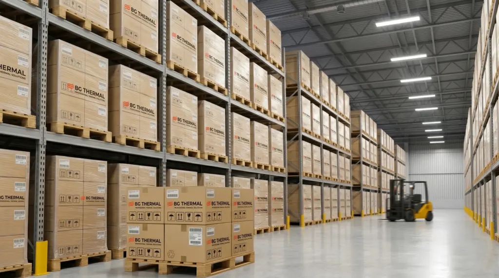 Massive, spotlessly clean BG THERMAL industrial warehouse in China with perfectly aligned pallets of heat guns ready for international export