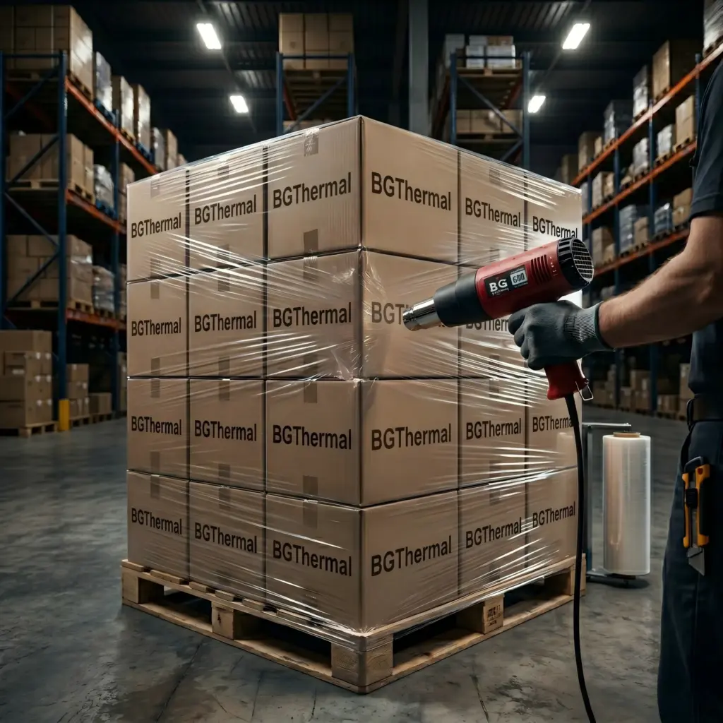 Warehouse operator using a BG Thermal heat gun to apply protective shrink wrap to a pallet of standardized master cartons for logistics fulfillment.