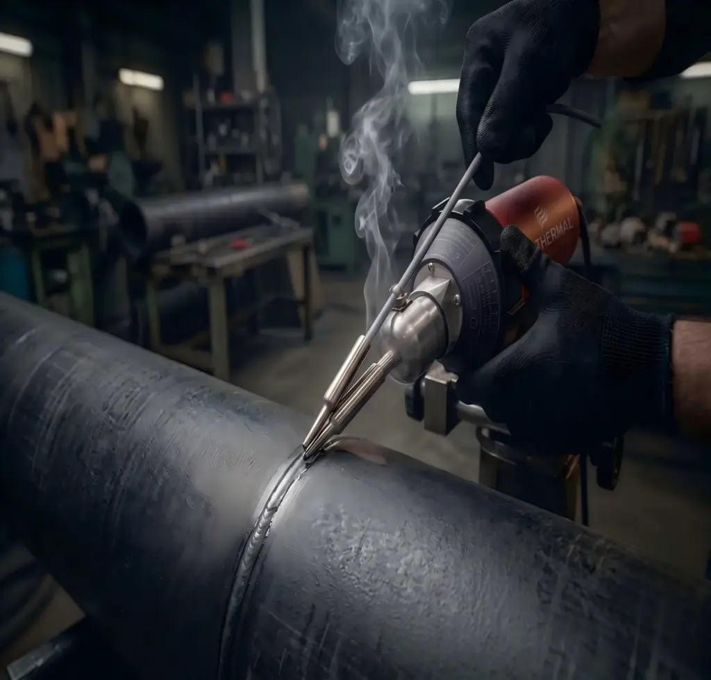 A professional operator using a BG Thermal heavy-duty heat gun equipped with a reduction nozzle to precisely melt a plastic welding rod onto a dark industrial pipe.