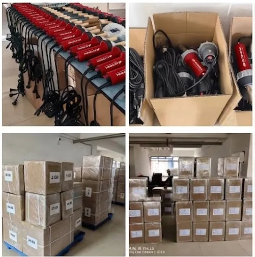 BG Thermal Shenzhen factory showing mass production assembly and palletized inventory of industrial brushless plastic welding guns ready for export