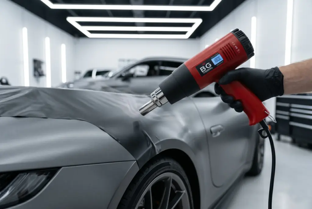 Professional auto technician using a BG THERMAL digital variable temp heat gun to precisely apply matte vinyl wrap to a luxury sports car
