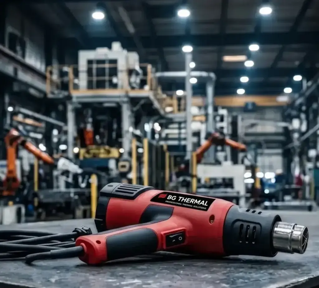 Red and black heavy-duty industrial heat gun resting on a steel workbench in a large manufacturing plant
