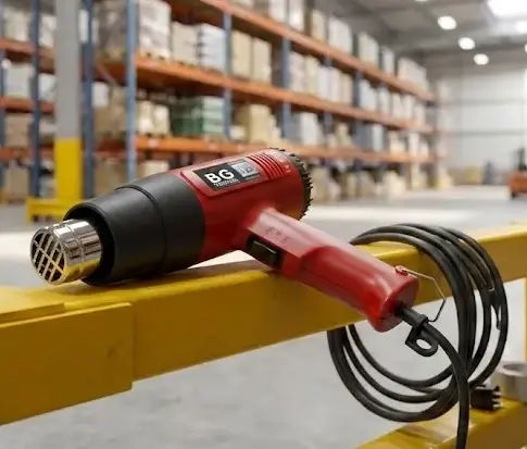 High performance heat gun resting on a safety railing in a commercial warehouse