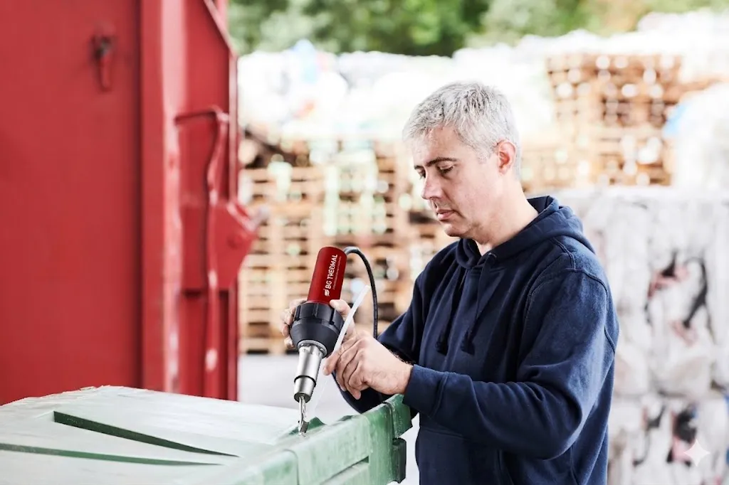 An industrial worker precision-wielding a red BG THERMAL heat gun to repair a large green plastic industrial container in a maintenance yard, with stacked wooden pallets in the blurred background