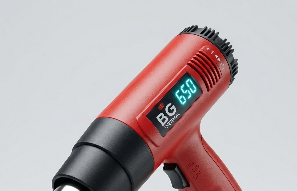 Close-up of a digital LCD screen on an industrial heat gun showing precise temperature settings