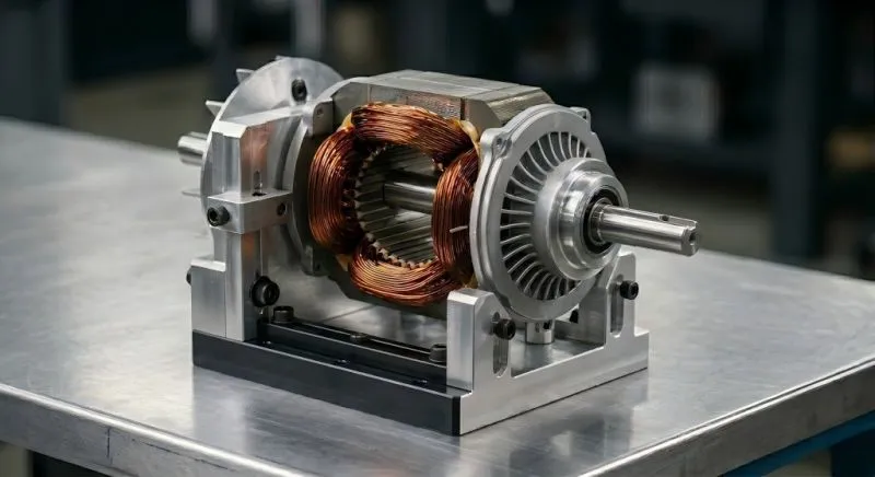 A macro cross-section view of a 1600W pure copper motor used in industrial straight-barrel plastic welding guns, highlighting the 800-1000 hour carbon brushes.