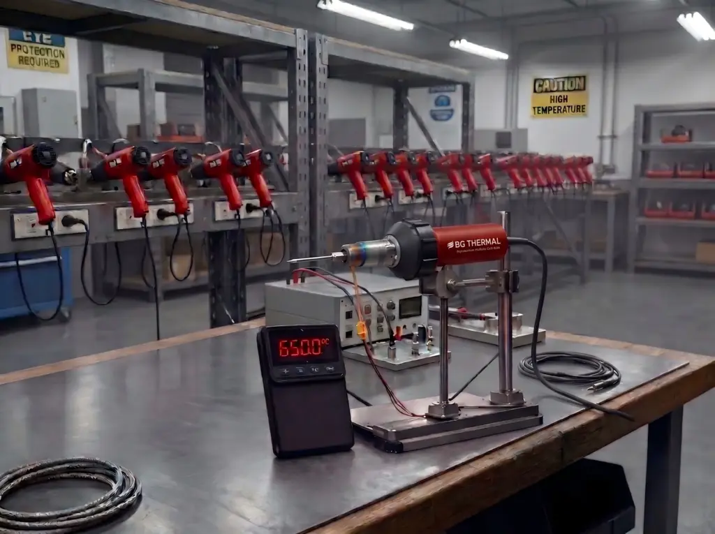 BG Thermal 1600W plastic welding gun undergoing 650°C high-temperature and motor lifespan testing in a quality control lab.