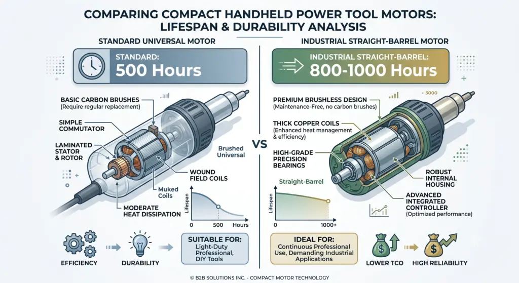 Technical comparison between a 500-hour standard heat gun motor and an 800-1000 hour industrial plastic welding gun motor.