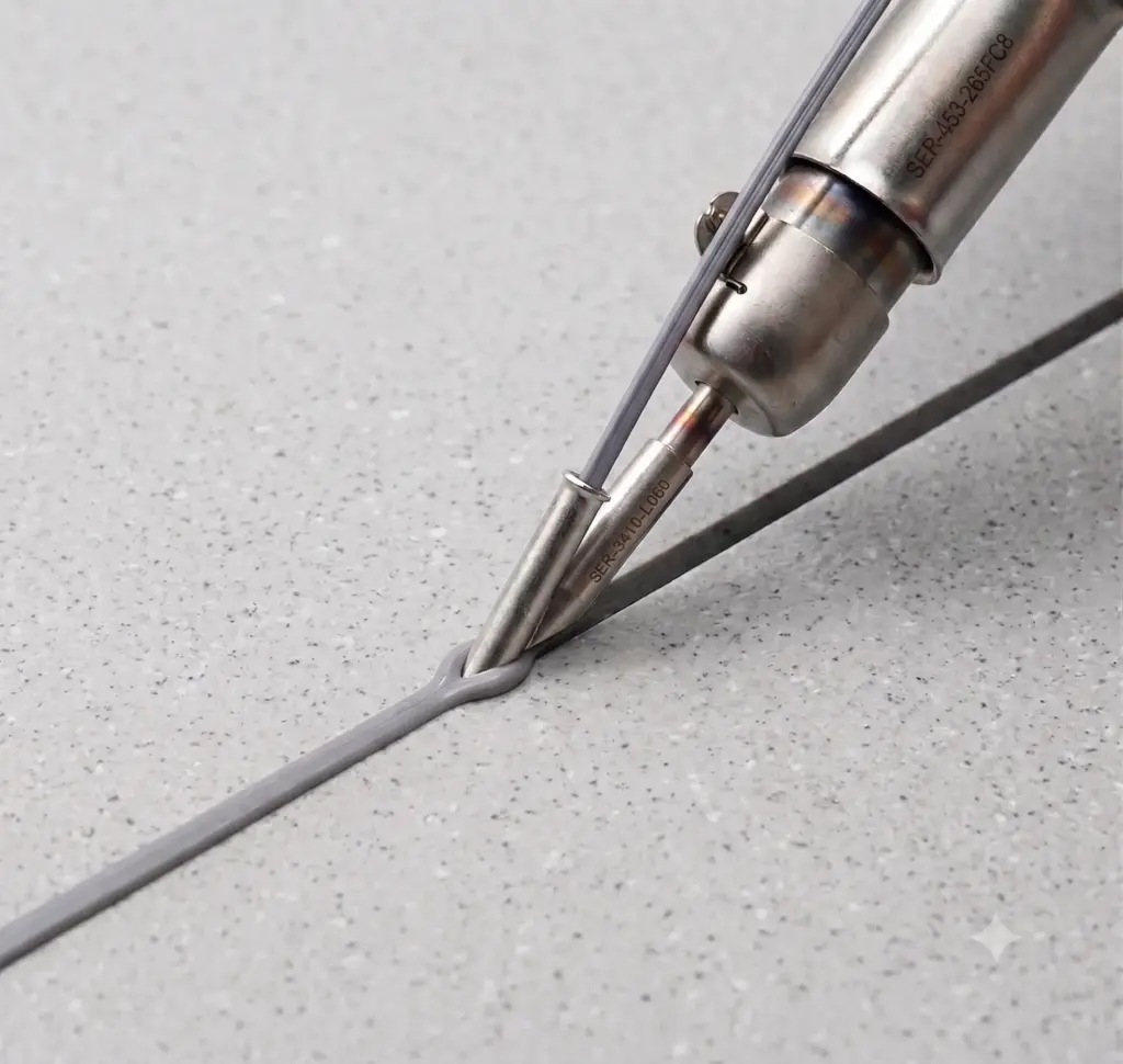 Extreme close-up of a metallic speed welding nozzle melting a PVC rod into a commercial vinyl floor V-groove.
