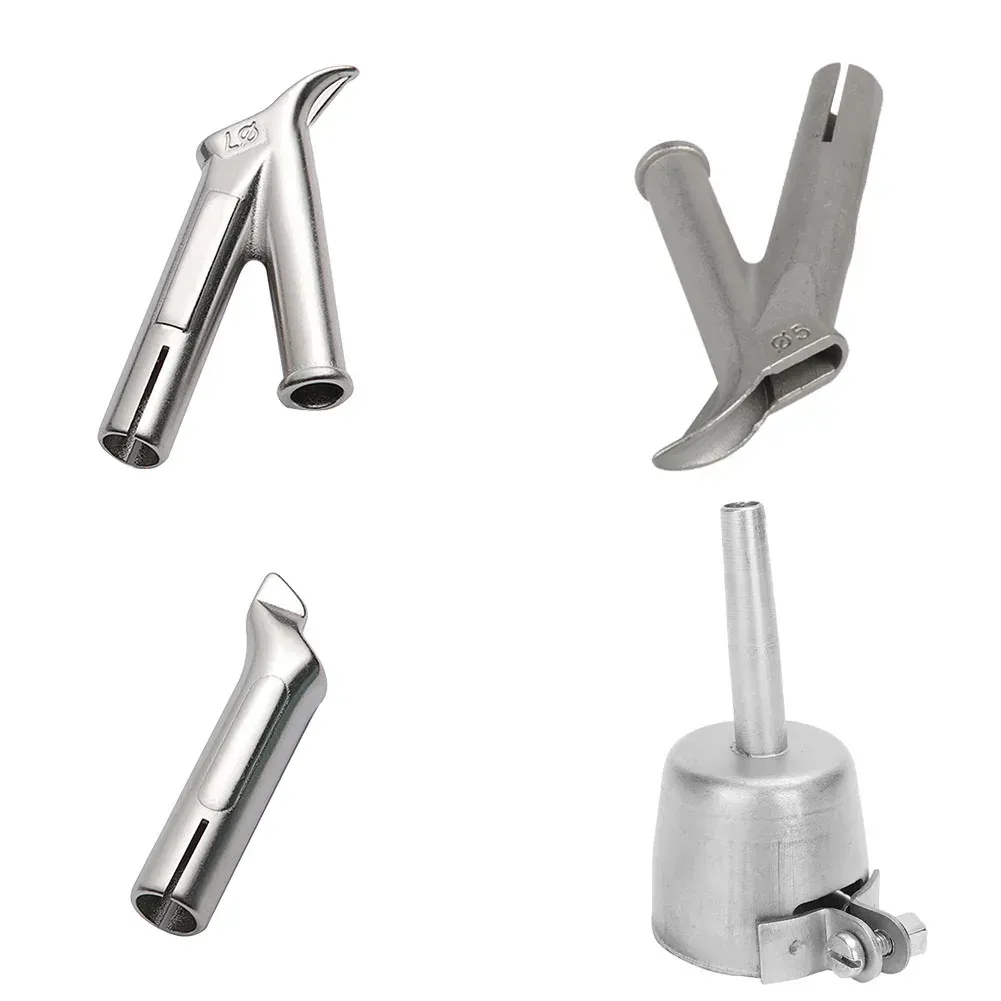 A high-resolution 2x2 collage showing four distinct polished stainless steel welding nozzles for different plastic fabrication tasks: standard round, speed welding, forked, and rotary gear nozzles.