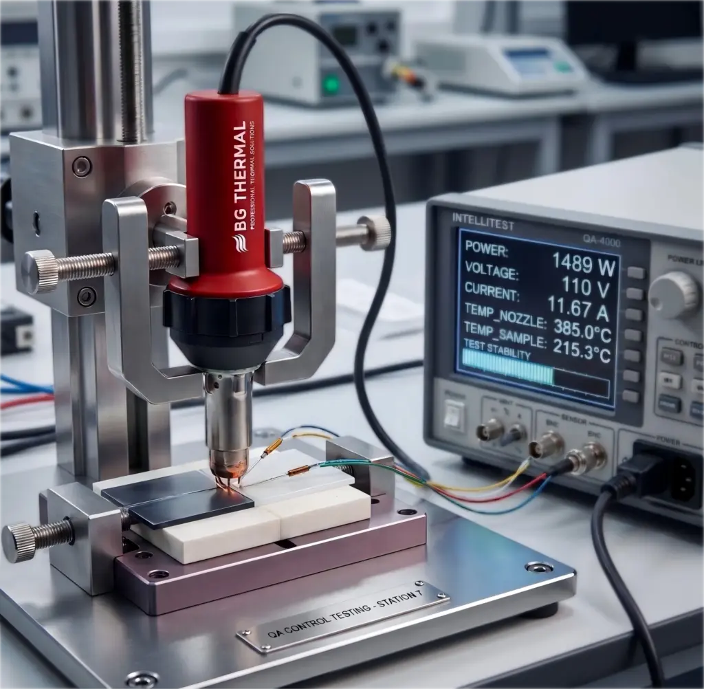 An industrial plastic welder securely clamped in a factory testing rig during a QA auditing process to verify continuous power output.