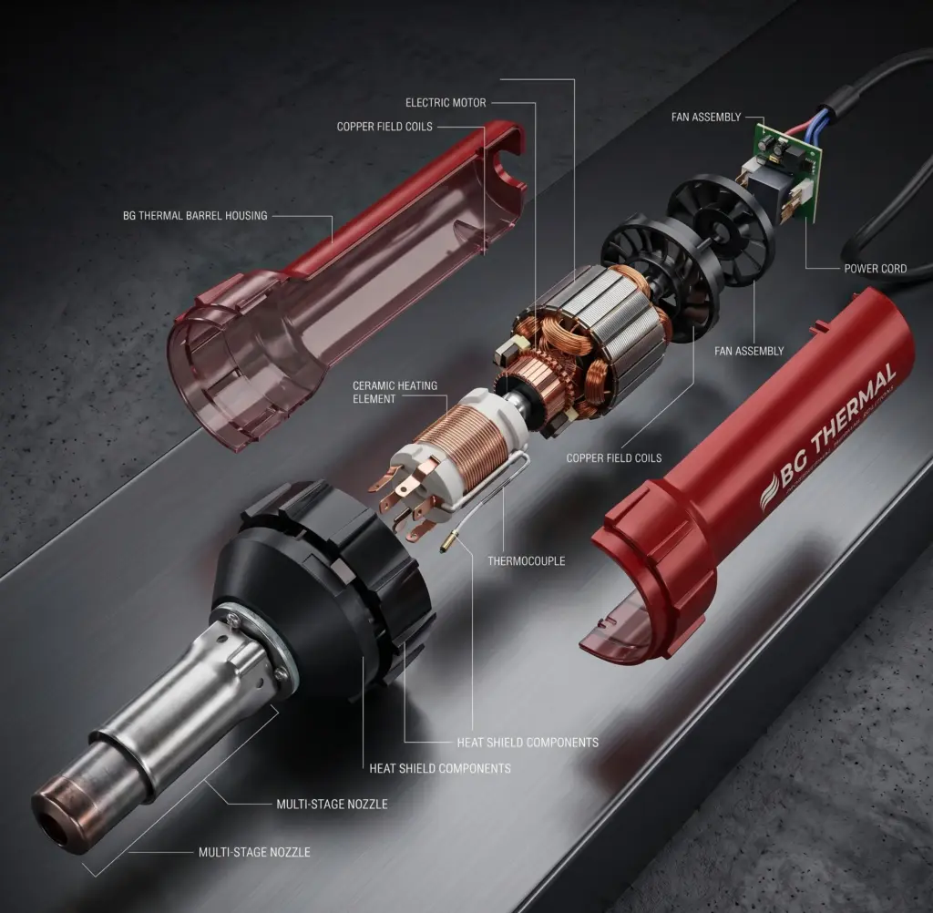 Exploded CAD view of the BG Thermal 1600W plastic welding gun, revealing premium internal components including the copper field coil motor and ceramic heating element.