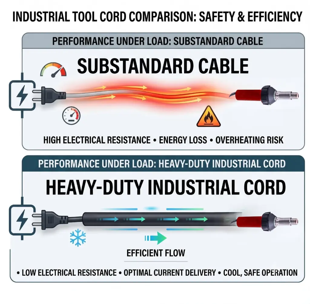 B2B infographic comparing the heat generation of a standard thin power cord versus a heavy-duty UL-listed power cord on an industrial hot air tool.