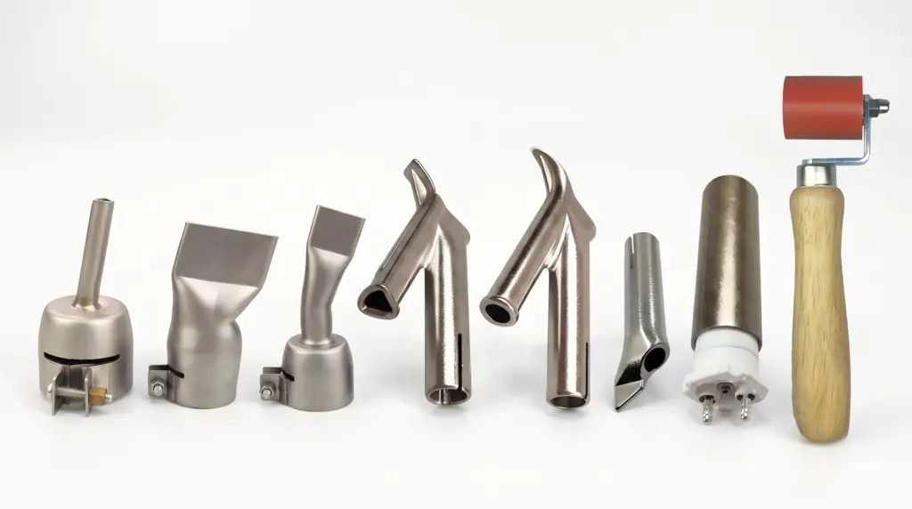 High-quality plastic welder replacement parts including a mica heating core, carbon brushes, and a silicone pressure roller on a workbench.