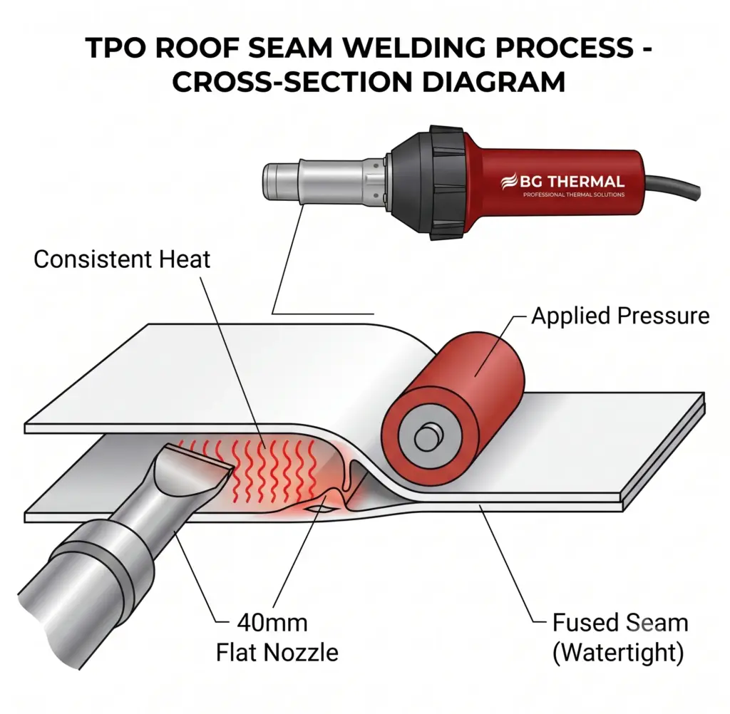 A technical diagram showing how a 40mm flat nozzle of a TPO/PVC roofing hot air gun melts the membrane while a silicone roller applies pressure for a perfect seam.