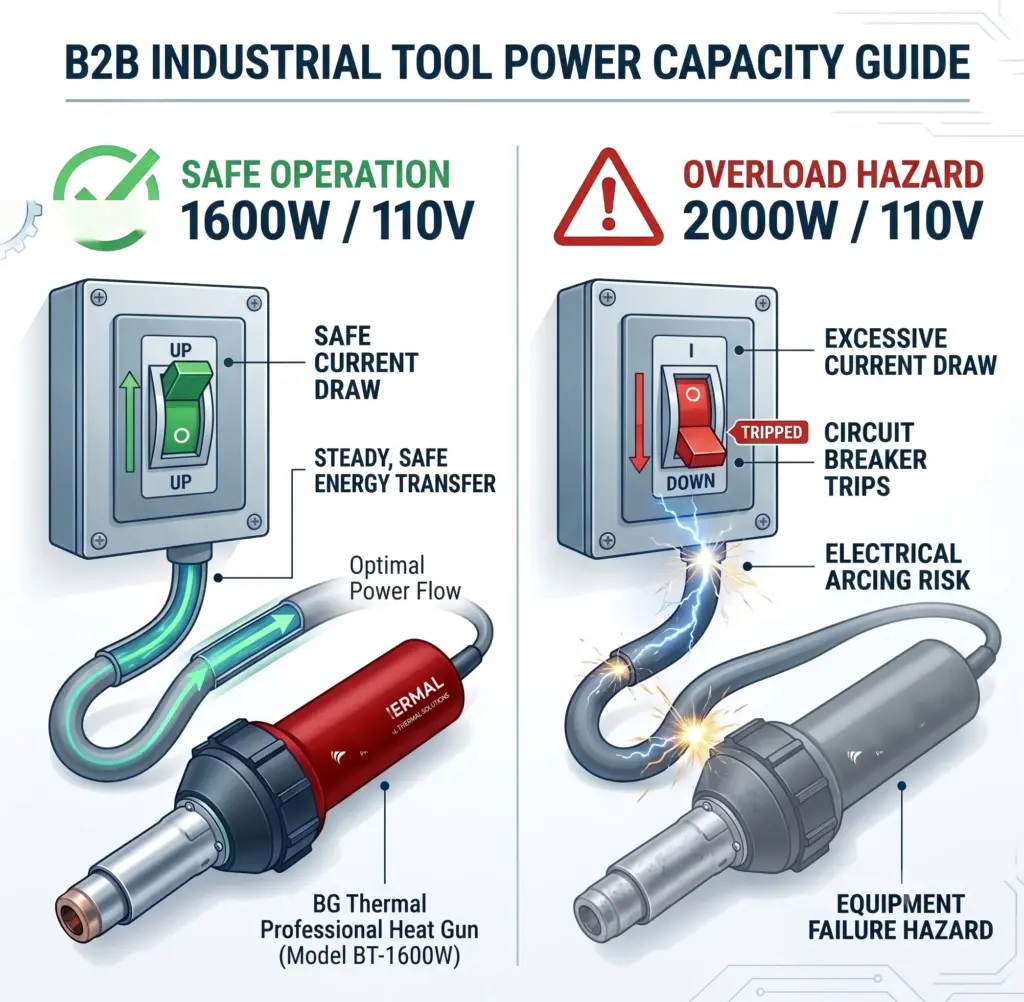 nfographic explaining Ohm's law and why a 1600W hot air plastic welder is the maximum safe limit for standard 110V 15A circuits.
