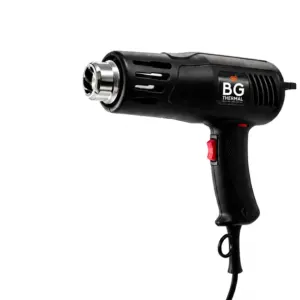 Side view of a black BG Thermal industrial heat gun featuring a red trigger and stepless temperature control, designed for commercial and heavy-duty applications