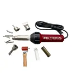 BG Thermal 1600W straight barrel hot air plastic welder kit with silicone roller, replacement ceramic core, and 5 welding nozzles on white background