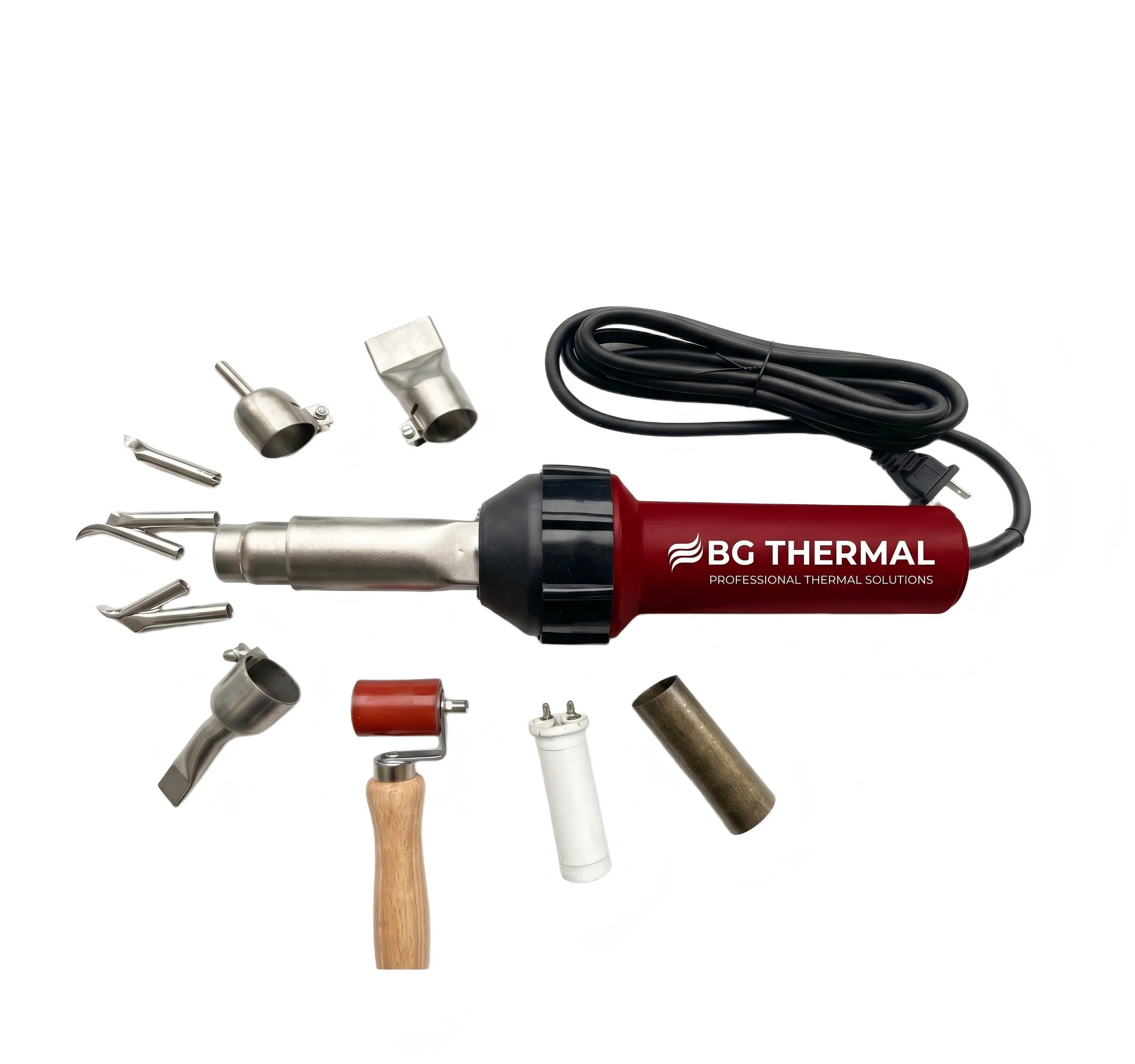 BG Thermal 1600W straight barrel hot air plastic welder kit with silicone roller, replacement ceramic core, and 5 welding nozzles on white background