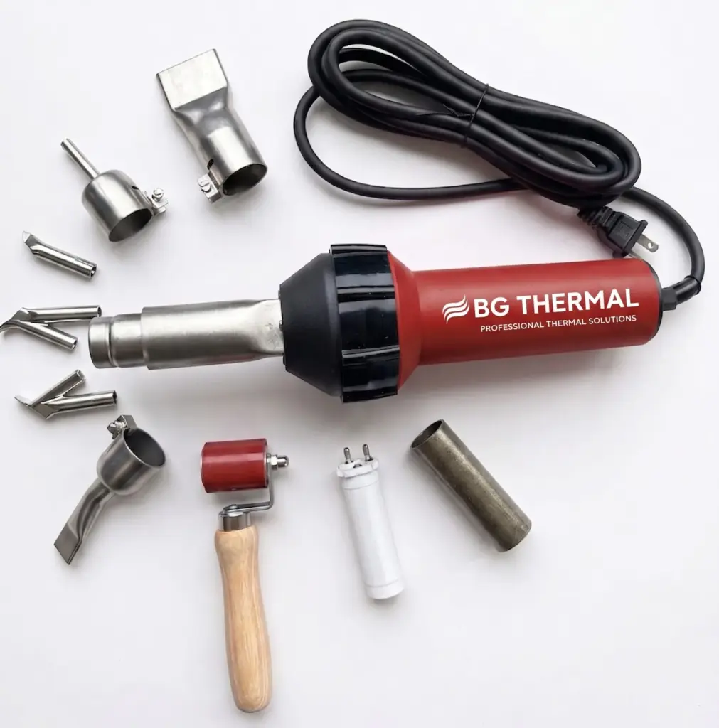 BG Thermal 1600W industrial hot air plastic welder kit with silicone pressure roller and stainless steel welding nozzles.