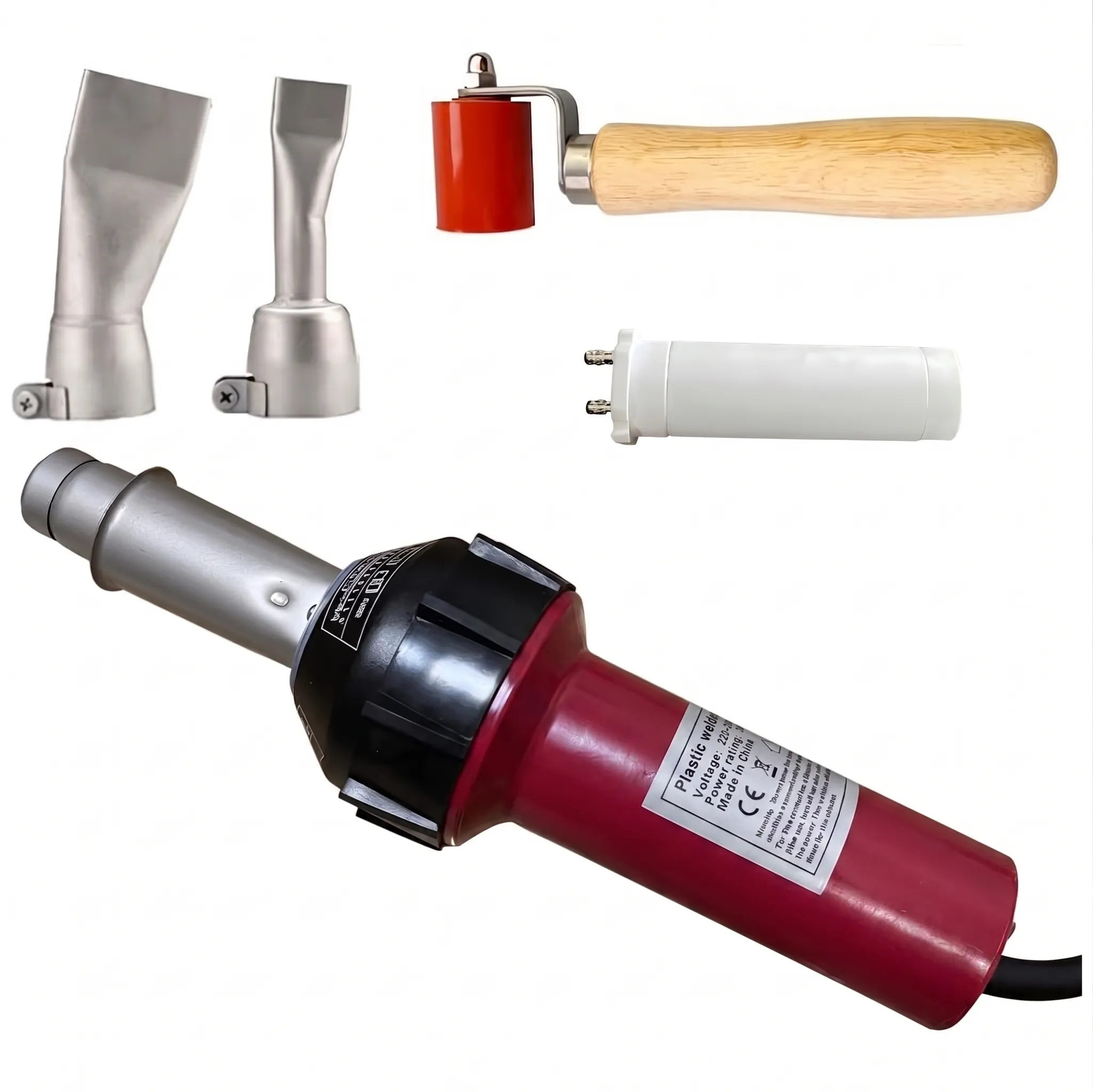 BG Thermal 1600W overlap seam hot air plastic welder set with flat nozzles, silicone roller, and heating element