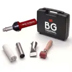 BG Thermal 1600W hot air plastic overlap seam welding kit with carrying case, flat nozzle, pressure roller, and heating core