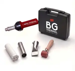 BG Thermal 1600W hot air plastic overlap seam welding kit with carrying case, flat nozzle, pressure roller, and heating core