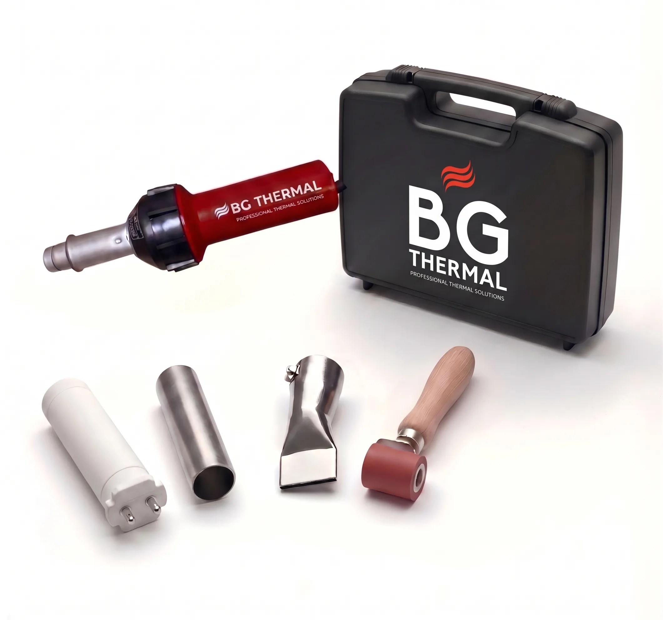 BG Thermal 1600W hot air plastic overlap seam welding kit with carrying case, flat nozzle, pressure roller, and heating core