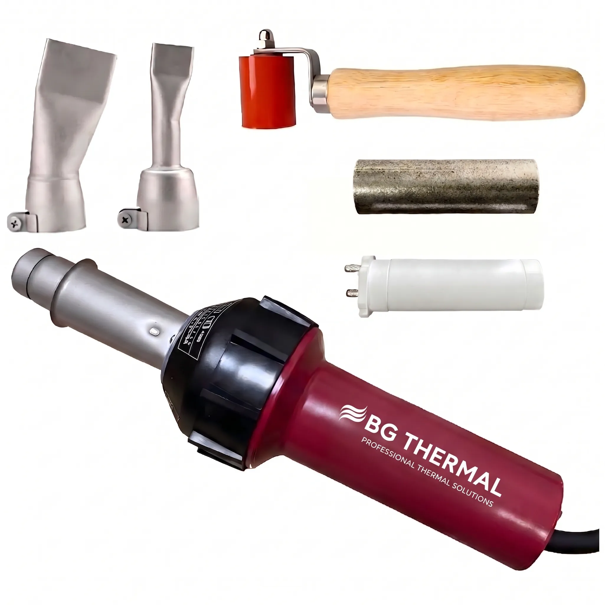BG Thermal 1600W hot air plastic overlap seam welding kit with 20mm 40mm flat nozzles, silicone roller, and heating core