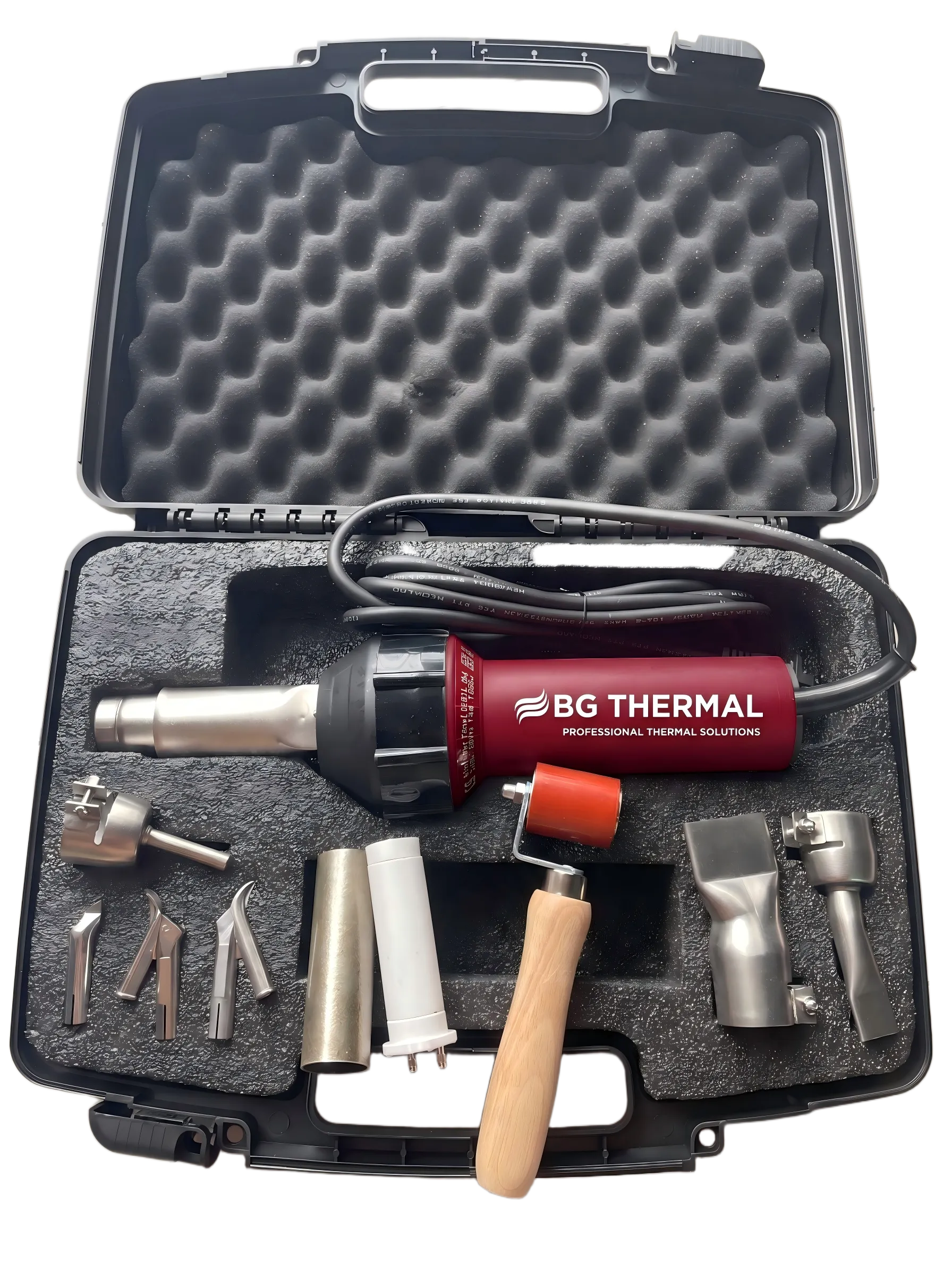 BG Thermal 1600W hot air welding tool securely packed in a protective black hard carrying case with custom foam inserts