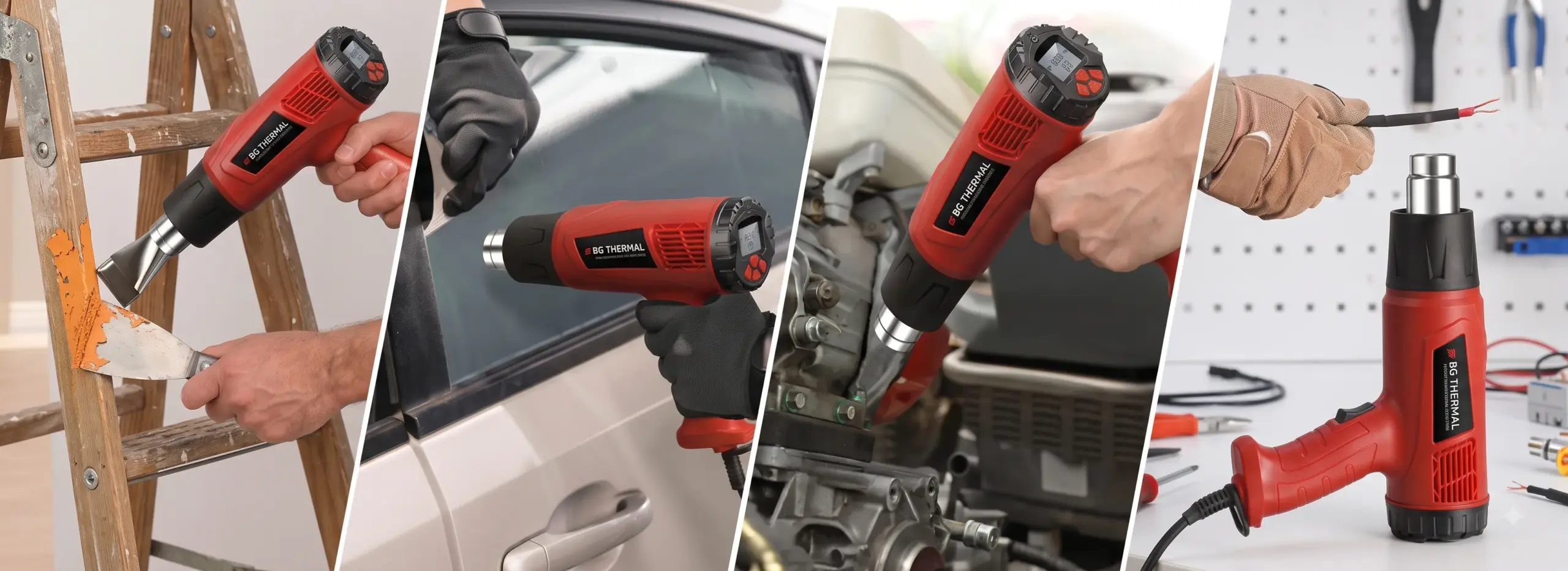 BG Thermal 1800W digital heat gun used in various applications including paint stripping, car vinyl wrapping, automotive mechanical repair, and heat shrink tubing.