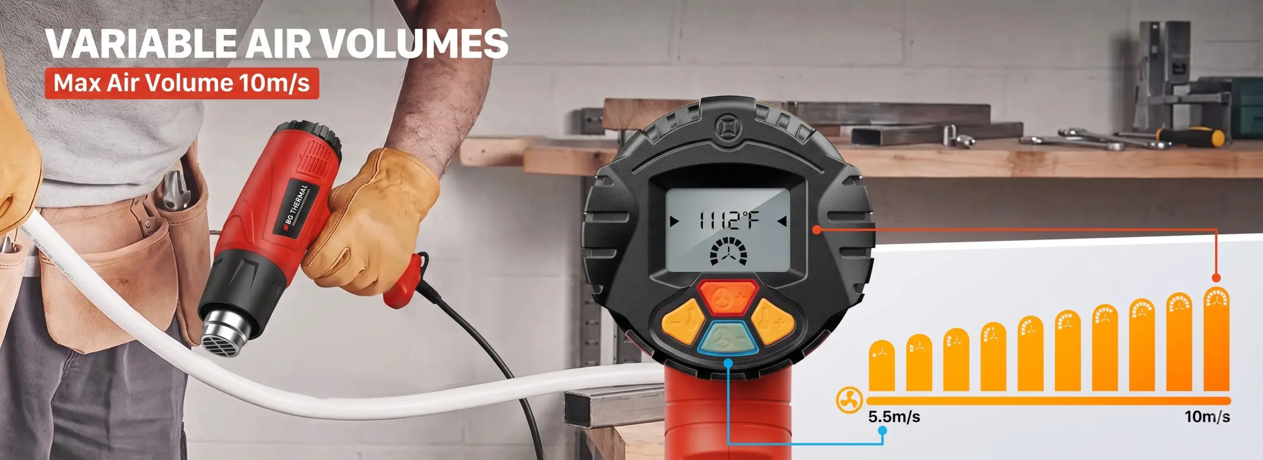 Operator using BG Thermal 1800W digital heat gun, highlighting variable air volume control from 5.5m/s to 10m/s and a 1112°F LCD display.