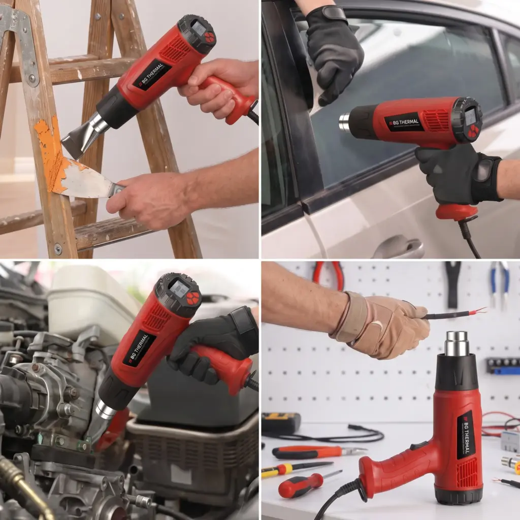 BG Thermal 2000W industrial heat gun with digital LCD and stepless temperature control being used for paint removal, automotive wrapping, and electrical heat shrinking.