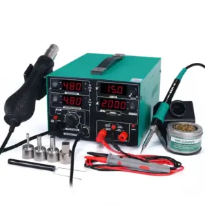 BG Thermal 3-in-1 hot air rework station with soldering iron, 15V DC power supply, nozzles and test leads