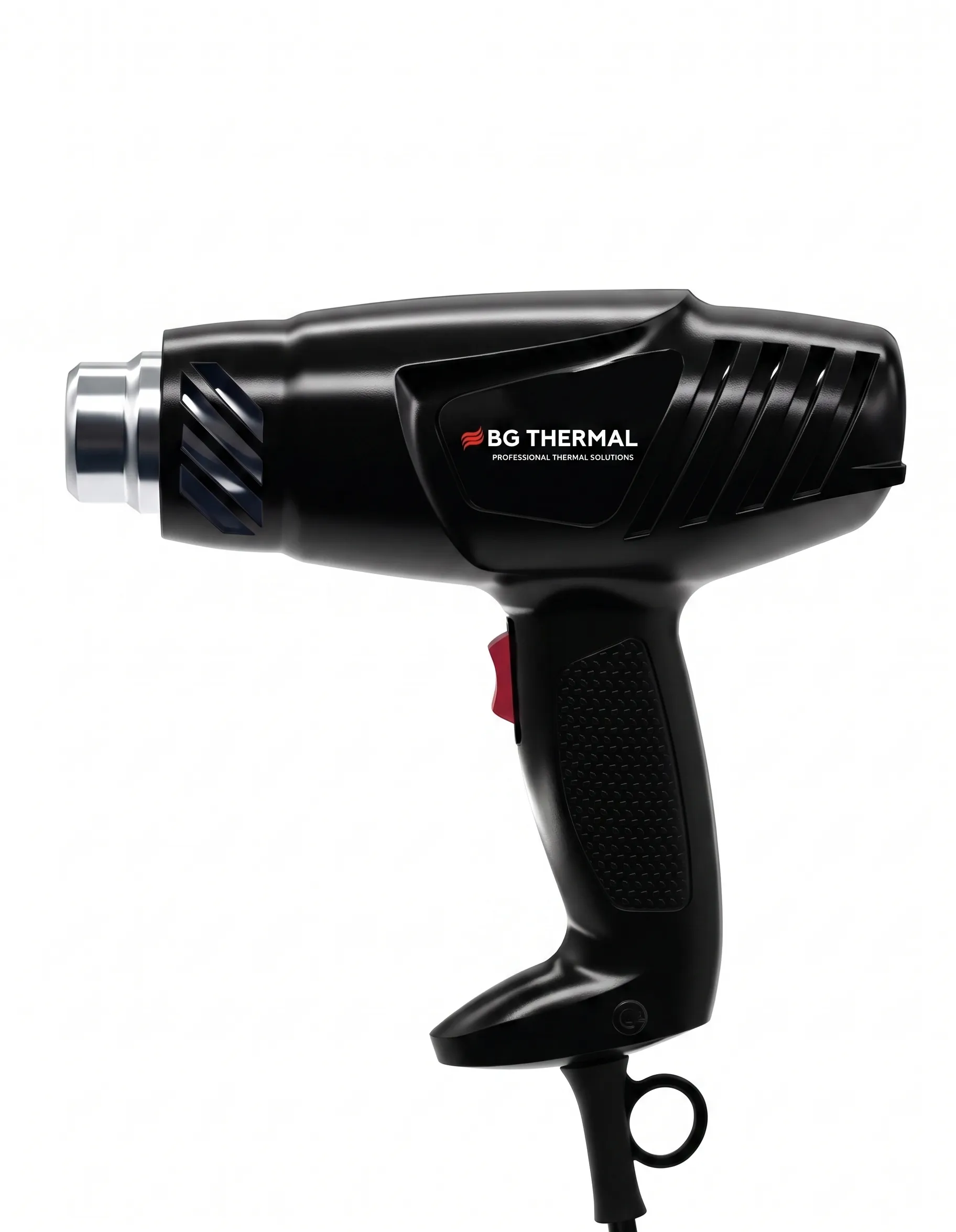 Complete side profile of the black BG Thermal 2000W industrial heat gun, showcasing its durable heat-resistant casing, ergonomic grip, and trigger placement.