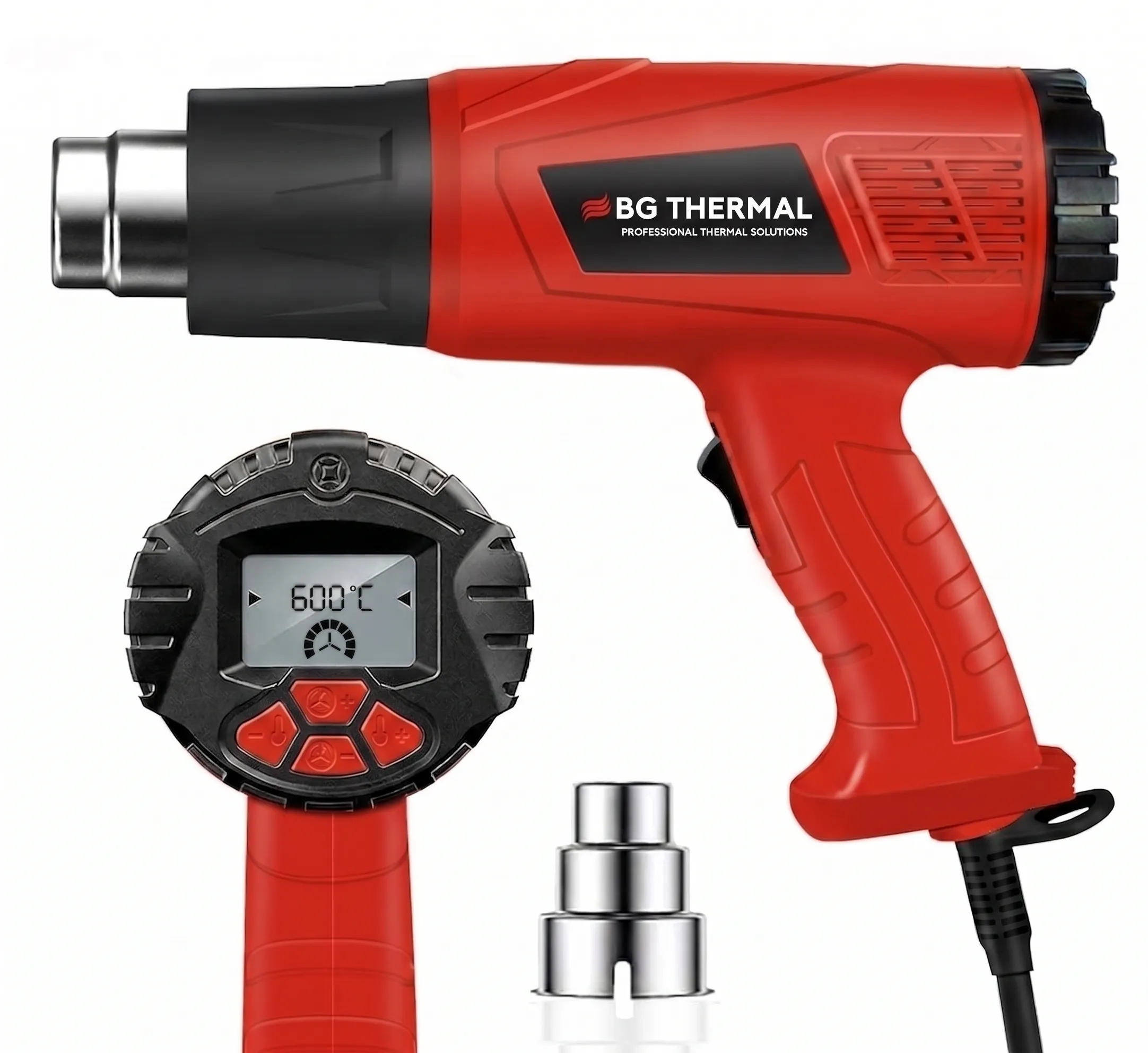 A BG Thermal digital heat gun with 600°C LCD display and interchangeable nozzles kit.