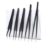 Set of six black ESD-safe precision tweezers with pointed, curved, and flat tips for electronics repair