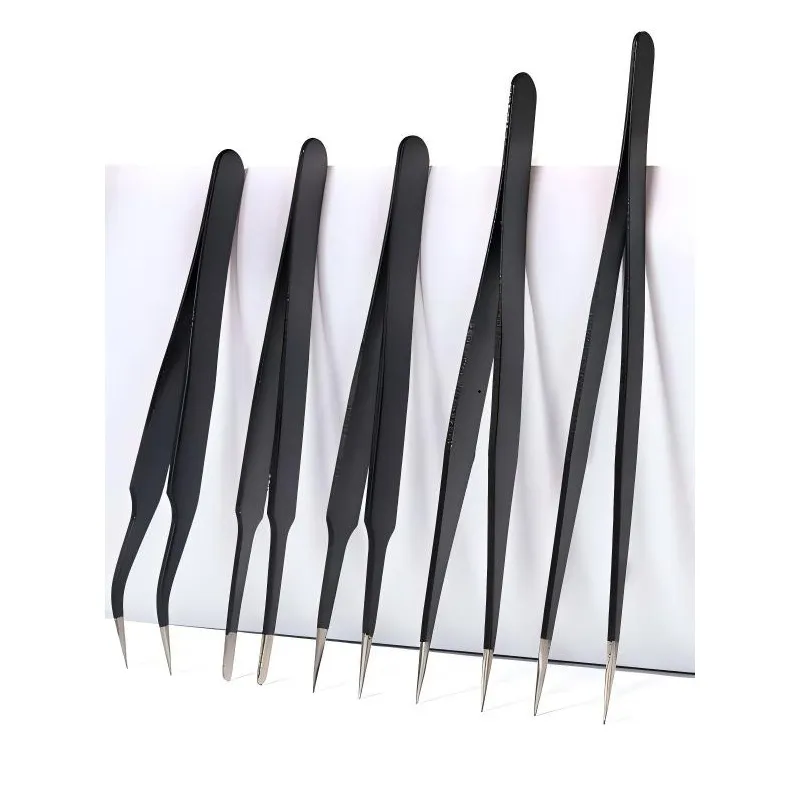 Set of six black ESD-safe precision tweezers with pointed, curved, and flat tips for electronics repair