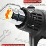 Close-up of BG Thermal industrial heat gun nozzle featuring dual anti-scald protection and flame-retardant nylon casing.