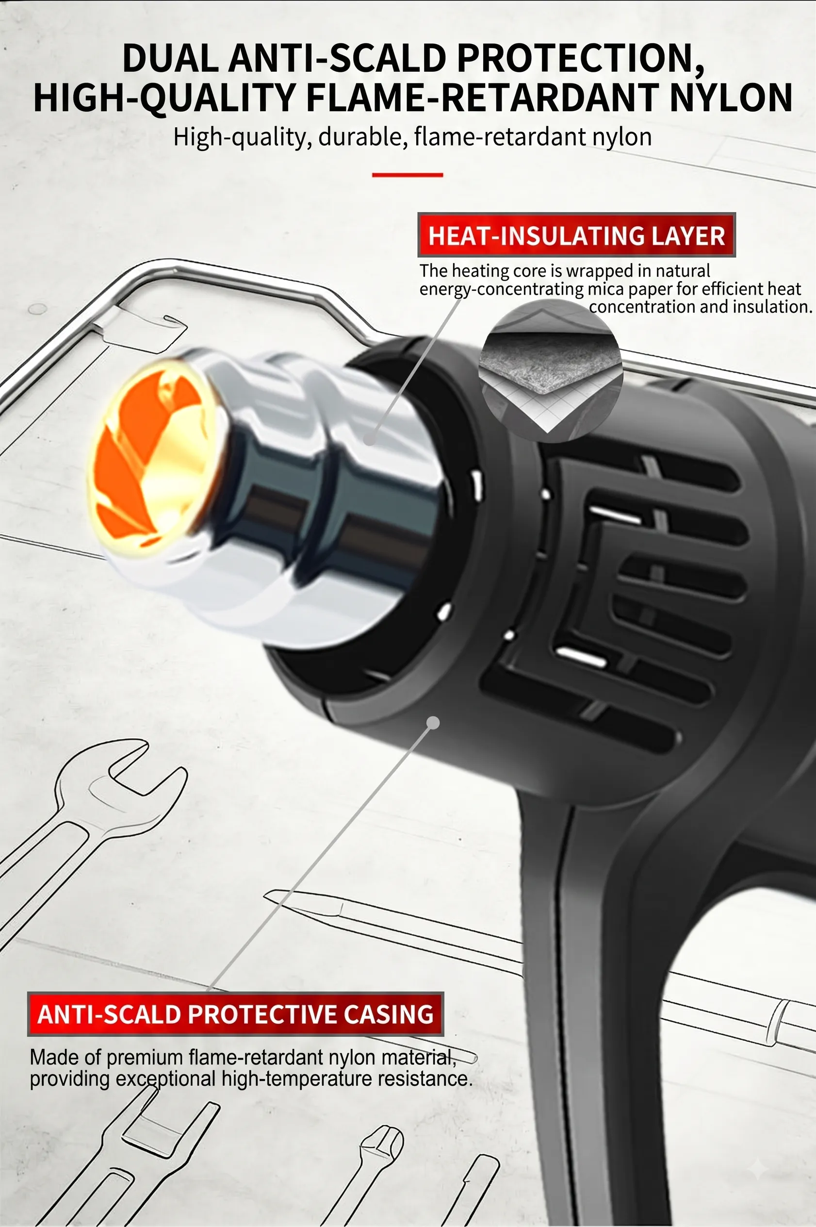 Close-up of BG Thermal industrial heat gun nozzle featuring dual anti-scald protection and flame-retardant nylon casing.